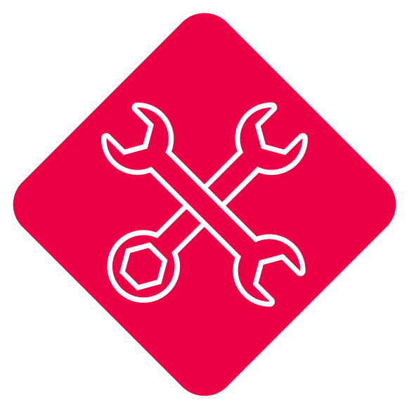 White outline of a crossed wrench and spanner on a red diamond-shaped background, symbolizing tools or maintenance—perfect for representing FL Car Transport Tallahassee or FL Car Shipping Tallahassee services.