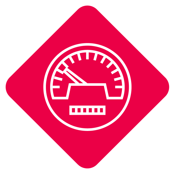 White speedometer icon with a low needle, displayed on a red diamond-shaped background, representing the urgency and reliability of FL Auto Transport Tallahassee services.