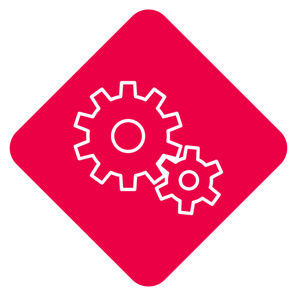 White outline of two interlocking gears on a red diamond-shaped background, representing settings or mechanical functions—ideal for illustrating services like Car Transport Tallahassee, FL or FL Car Shipping Tallahassee.